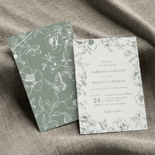 Elegant Saggrön Blommig Trädgård Bröllop Inbjudningar