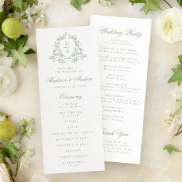 Elegant Saggrön Blommig Vapen Monogram Bröllop Program