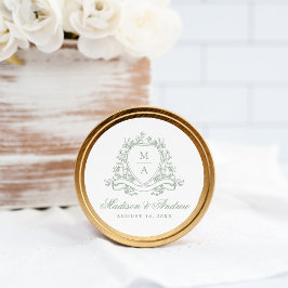 Elegant Saggrön Blommig Vapen Monogram Bröllop Runt Klistermärke