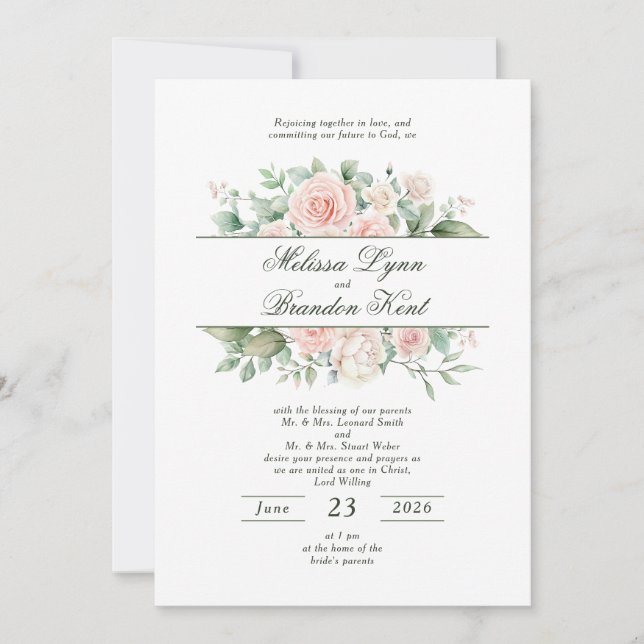 Elegant Saggrön Blush Blommig Watercolor Bröllop Inbjudningar (Framsida)
