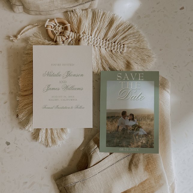 Elegant Saggrön Boho Gamla Pengar Foto Bröllop Spara Datumet (Skapare uppladdad)