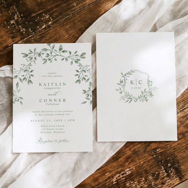 Elegant Saggrön Botanisk Trädgård Bröllop Inbjudningar (Elegant garden wedding invitation in sage green with watercolor greenery and crest on back)