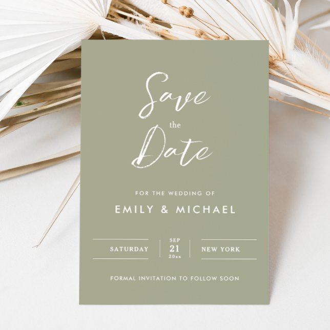 Elegant Saggrön Enkel Skript Bröllop Spara Datumet (Simple elegant sage green with white calligraphy - elegant and tasteful for your special day)