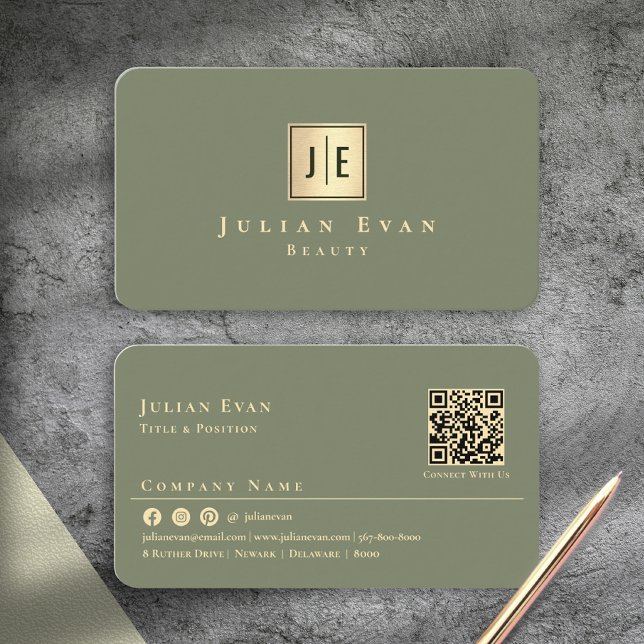 Elegant Saggrön Guld Professionell Monogram Visitkort (Elegant Sage Green Gold Professional Monogram Business Card)