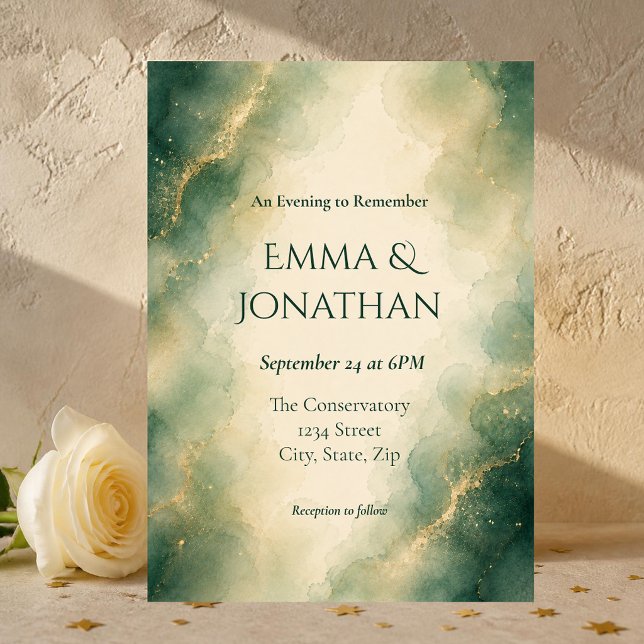 Elegant Saggrön & Guld Vattenfärg Bröllop Inbjudningar (Custom elegant sage green and gold watercolor wedding invitation with soft botanical details.)