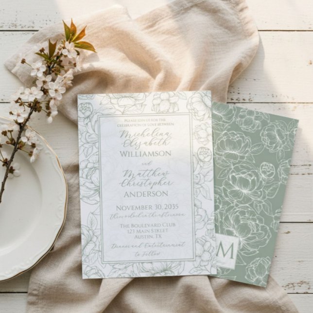 Elegant Saggrön Handritad Blommig Bröllopsinbjudan Inbjudningar (Skapare uppladdad)