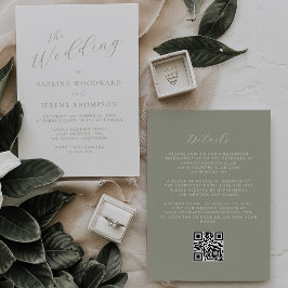 Elegant Saggrön Kalligrafi QR-kod Bröllop Inbjudningar