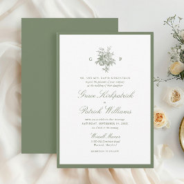 Elegant Saggrön Kant Monogram Bröllop Inbjudningar