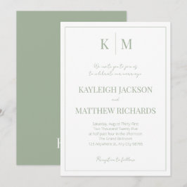 Elegant saggrön monogram bröllopsinbjudan inbjudningar