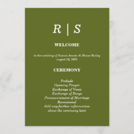 Elegant saggrön Monogram bröllopsprogramkort Program