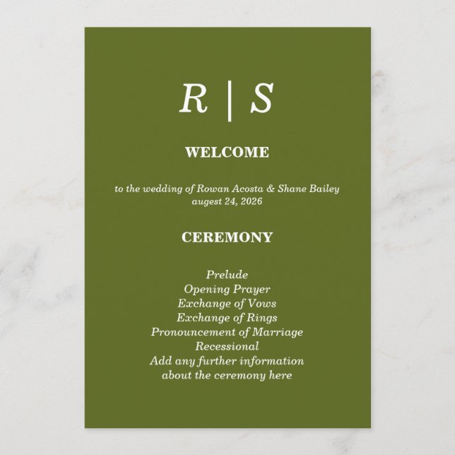 Elegant saggrön Monogram bröllopsprogramkort Program (Framsida)