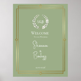 Elegant Saggrön Monogram Bröllopsvälkomst Poster