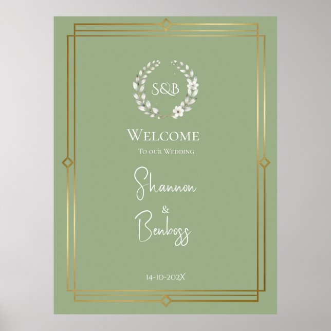 Elegant Saggrön Monogram Bröllopsvälkomst Poster (Framsidan)