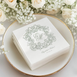 Elegant Saggrön Monogram Krest Skript Bröllop Pappersservett