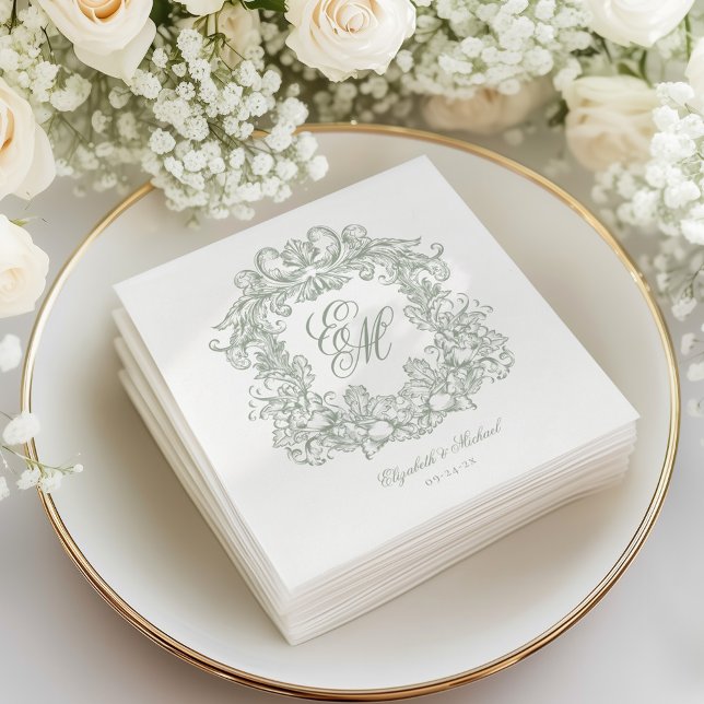 Elegant Saggrön Monogram Krest Skript Bröllop Pappersservett (Skapare uppladdad)