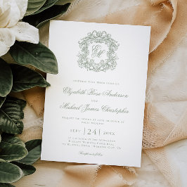 Elegant Saggrön Monogramm stämpel Bröllop Inbjudningar