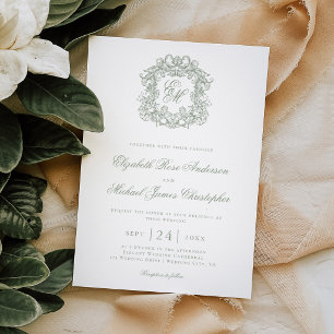 Elegant Saggrön Monogramm stämpel Bröllop Inbjudningar