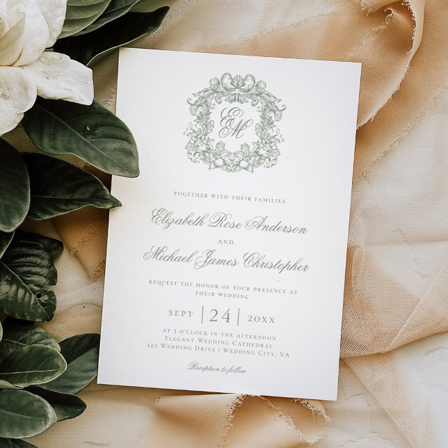 Elegant Saggrön Monogramm stämpel Bröllop Inbjudningar (Skapare uppladdad)