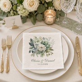 Elegant Saggrön och Elfenbensvita Blommor Bröllop Pappersservett