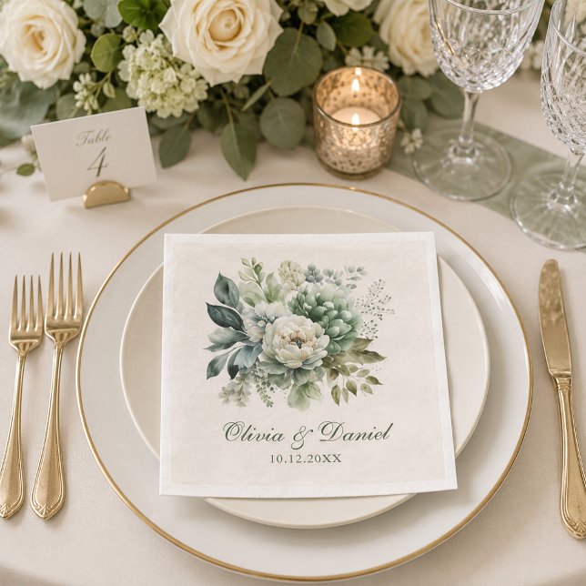 Elegant Saggrön och Elfenbensvita Blommor Bröllop Pappersservett (Boho Sage Green and Ivory Flowers Wedding Napkin on a wedding dinner table with flowers and candle)