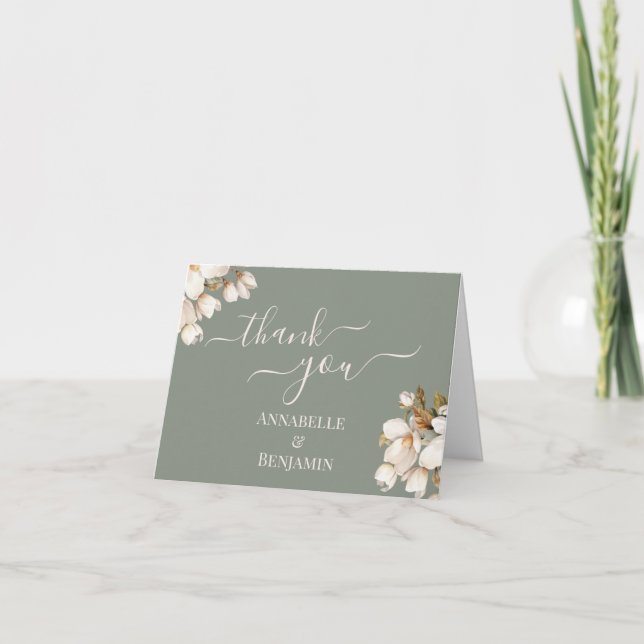 Elegant Saggrön och Vit Blommig Bröllop Tack Kort (Framsida)