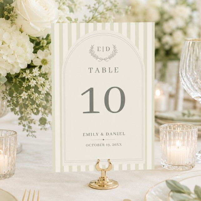 Elegant Saggrön Randig Monogram Bröllop  Bordsnummer (Skapare uppladdad)