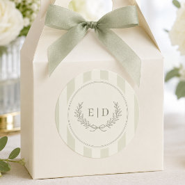 Elegant Saggrön Randig Monogram Bröllop Runt Klistermärke