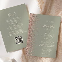 Elegant Saggrön Rosa Guld Glitter QR-kod Bröllop