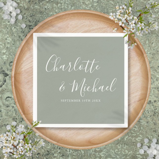 Elegant Saggrön Signatur Bröllop Pappersservett (Elegant Sage Green Signature Wedding Napkins)