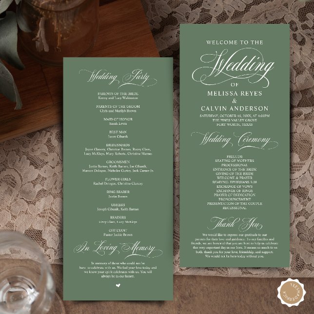 Elegant Saggrön Skrift Bröllopsceremoni Program (Elegant Classic Sage Green Script Wedding Ceremony Program Card)