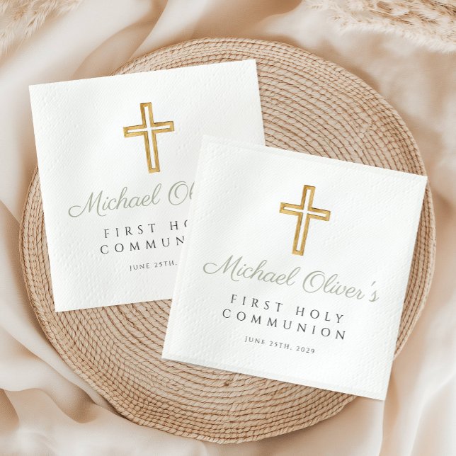 Elegant Saggrön Skript Korsprimärkommunion Pappersservett (Elegant Sage Green Script Cross First Communion Napkins)