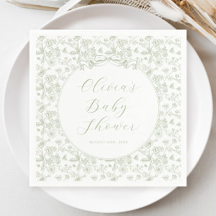 Elegant saggrön slinga vintage blomster baby showe pappersservett