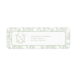 Elegant Saggrön Toile Crest Monogram Bröllop Returadress Etikett