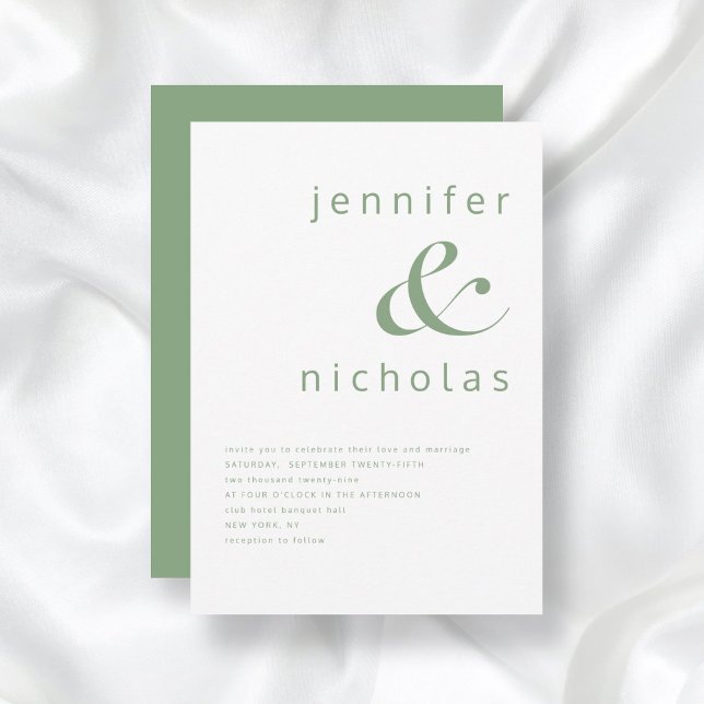 Elegant Saggrön Typografi Bröllop Inbjudningar (Skapare uppladdad)