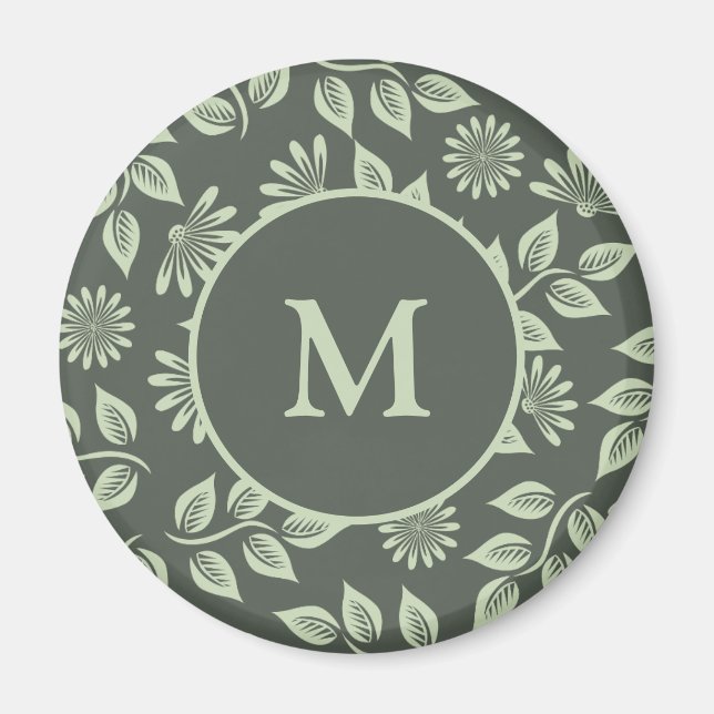 Elegant Saggrön Vintage Blommönster Monogram Magnet (Framsidan)