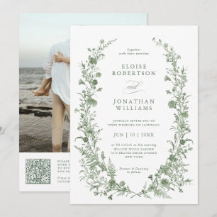 Elegant Saggrön Vintage Foto QR-kod Bröllop Inbjudningar