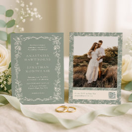 Elegant Saggrön Vintage Fotobryllop Inbjudningar