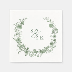 Elegant Saggrön Vintage Monogram Floral Bröllop Pappersservett