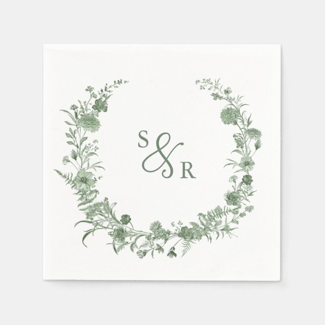 Elegant Saggrön Vintage Monogram Floral Bröllop Pappersservett (Framsidan)