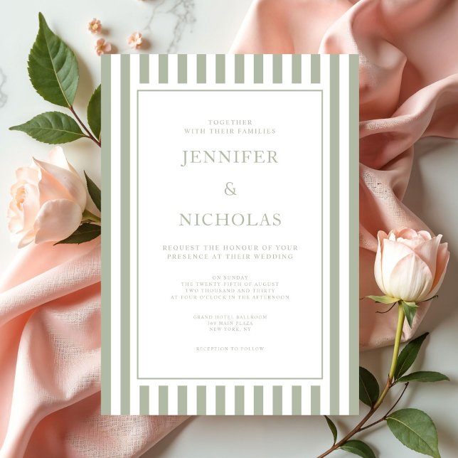 Elegant Saggröna Randiga Bröllop Inbjudningar (Elegant Sage Green Stripes Wedding Invitation)
