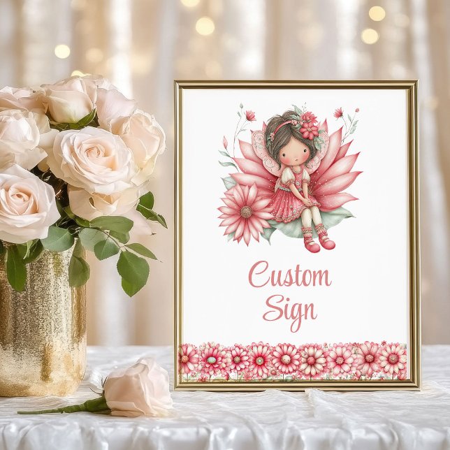 Elegant Sagoflicka Röda Roser Födelsedag Anpassad Poster (Elegant Fairy Girl Blush Floral Birthday Custom Sign

)