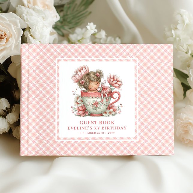 Elegant Sagoflickas Födelsedag Rosa Blommig Gästbo Gästböcker (Graceful Fairy Girl Birthday Pink Floral Guestbook)