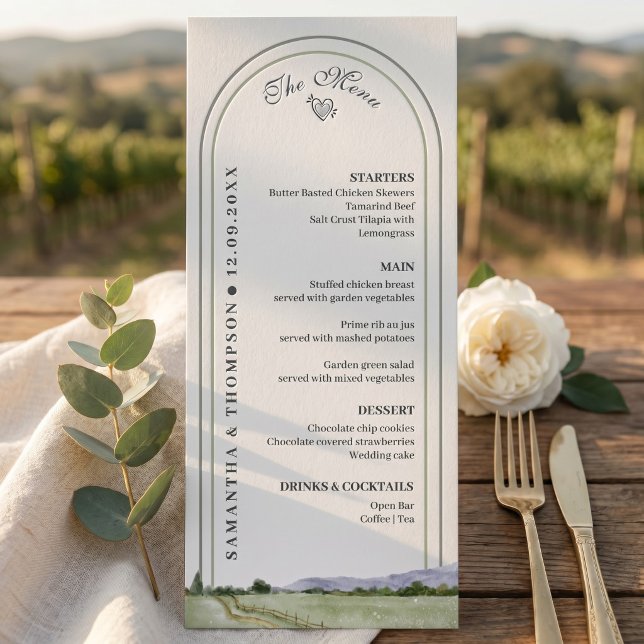 Elegant Sagogrön Båg Minimalistisk Bröllopsmeny Ca Meny (Elegant Sage Green Arch Minimalist Wedding Menu Card)