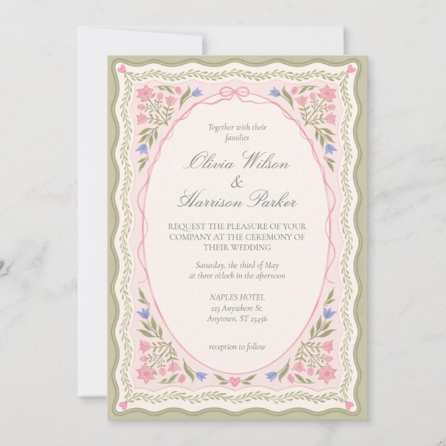 Elegant Sagogrön Blommig Bröllopsinbjudan Inbjudningar (Framsida)