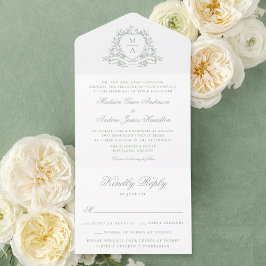Elegant Sagogrön Blommig Krön Monogram Bröllop