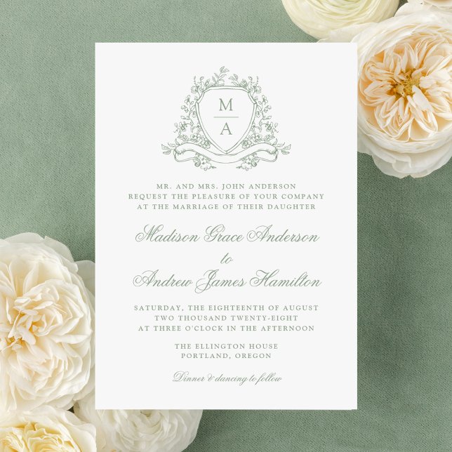 Elegant Sagogrön Blommig Krön Monogram Bröllop Inbjudningar (Skapare uppladdad)