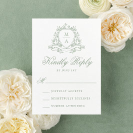 Elegant Sagogrön Blommig Krön Monogram Bröllop OSA Kort