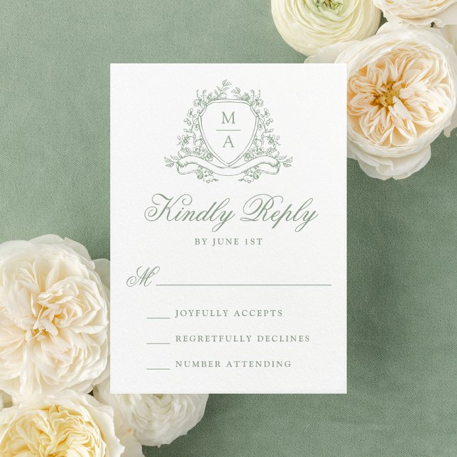 Elegant Sagogrön Blommig Krön Monogram Bröllop OSA Kort (Skapare uppladdad)
