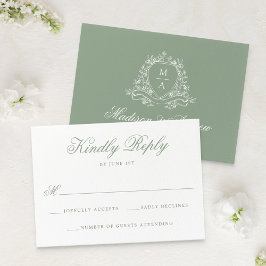 Elegant Sagogrön Blommig Krön Monogram Bröllop OSA Kort