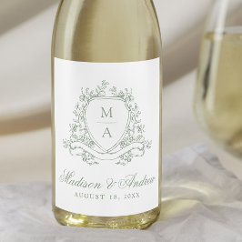 Elegant Sagogrön Blommig Krön Monogram Bröllop Vinflaska Etikett